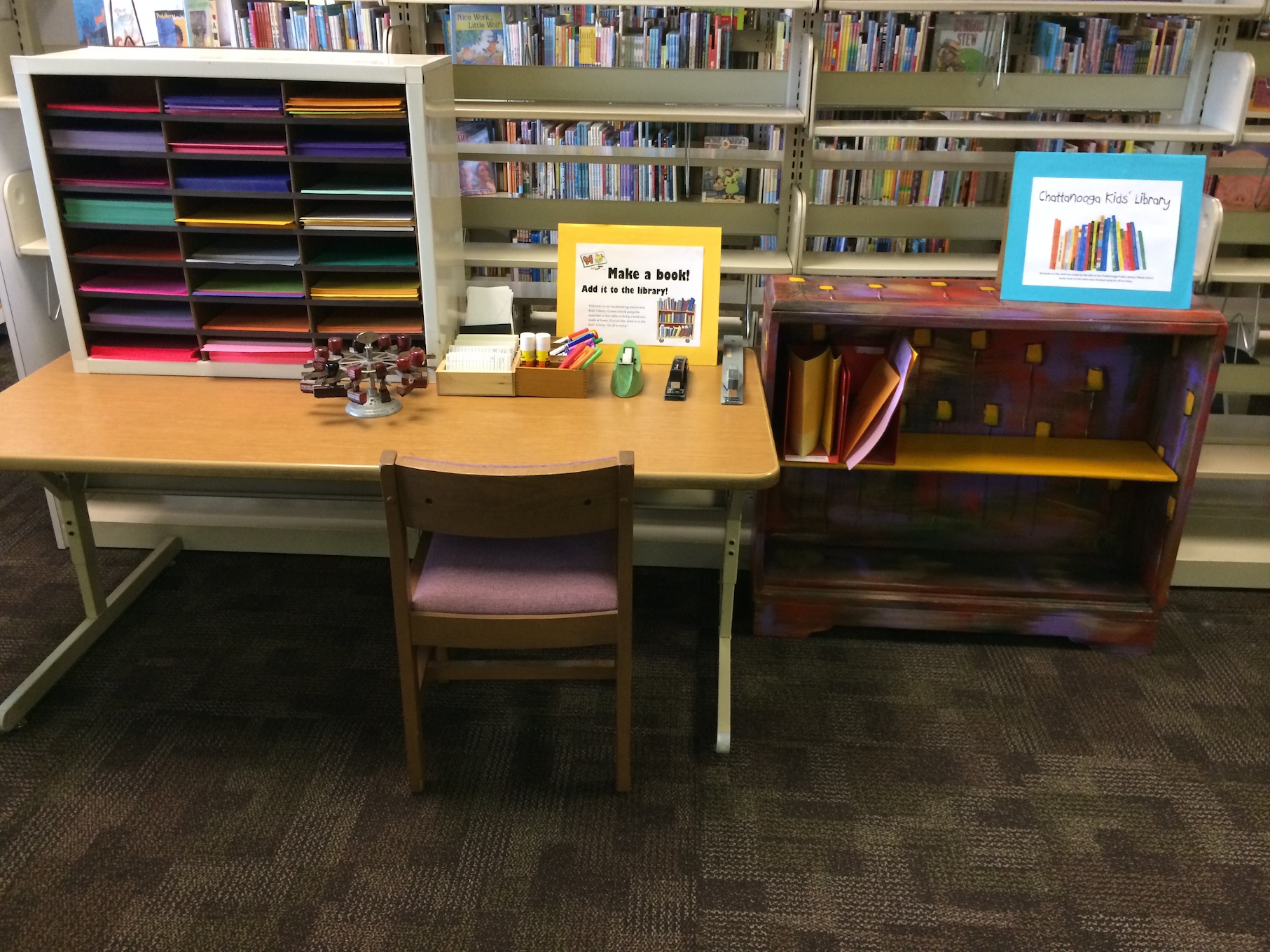 bookmaking station and kids' library